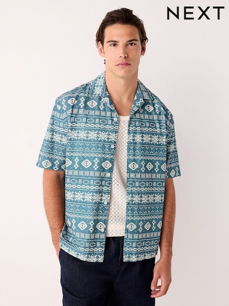 Blue/White Navajo Style Printed Short Sleeve Shirt (F20306) | €34