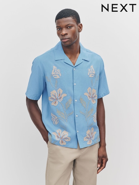 Albastru - Cross Stitch Embroidered Short Sleeve Shirt (F20322) | 236 LEI