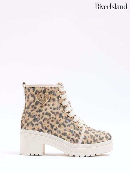 River Island Brown Girls Leopard Canvas Heeled Boots (F20554) | €40