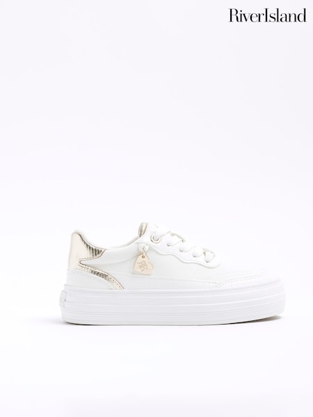 River Island White Girls Faux Leather Triple Plim Trainers (F20559) | €26