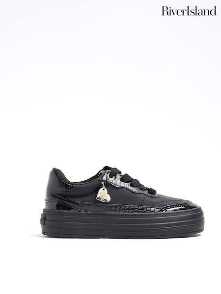 River Island Black Girls Faux Leather Triple Plim Trainers (F20563) | €29