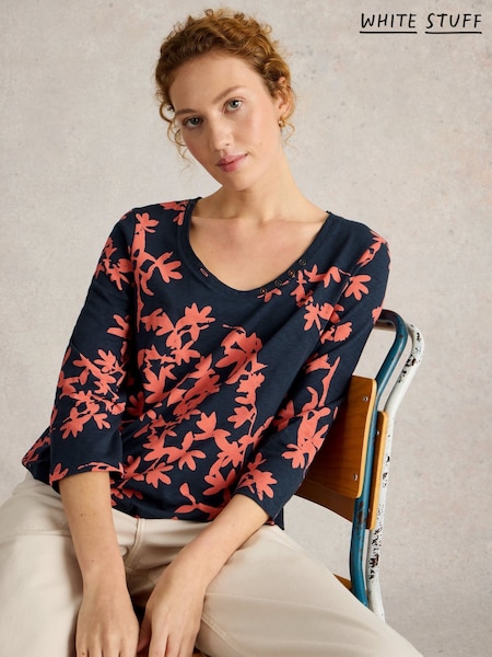 White Stuff Blue Nadia 3/4 Sleeve 100% Cotton T-Shirt (F20573) | 86 QAR