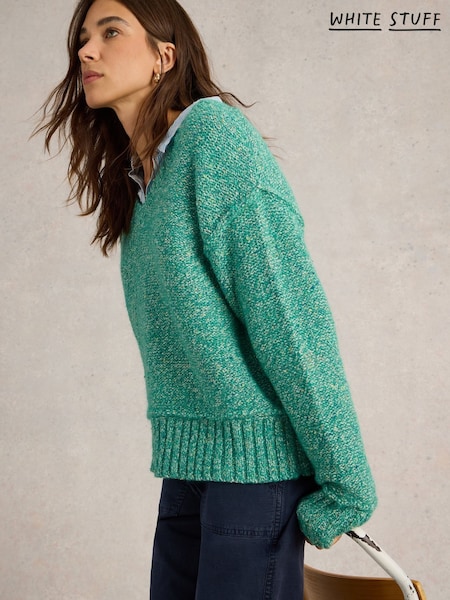 Green - White Stuff Tammy Textured V-Neck Jumper (F20585) | 338 LEI