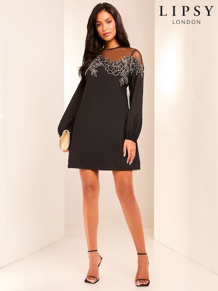Lipsy Long Sleeve Hand Embellished Artwork Mini Shift Dress (F20694) | €54