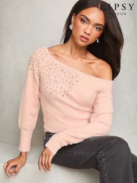 Rosa - Lipsy Diamonte Placement Bardot Knitted Jumper (F20698) | 68 €