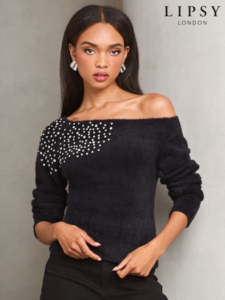 Negro - Lipsy Diamonte Placement Bardot Knitted Jumper (F20699) | 68 €