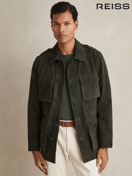 Reiss Dark Forest Green Stafford Suede Four Pocket Field Jacket (F20701) | AED3,240
