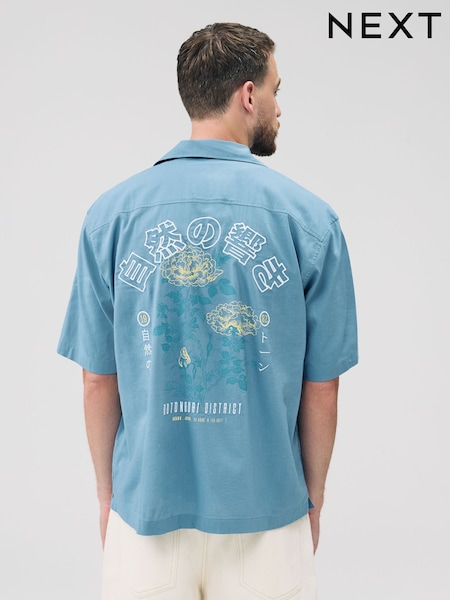 Albastru - Back Printed Short Sleeve Shirt (F20920) | 203 LEI