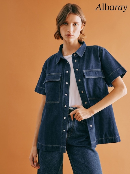 Albaray Blue Dark Denim Short Sleeve 100% Cotton Shirt (F20980) | €112
