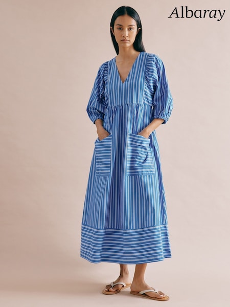 Albaray Blue Stripe V-Neck Midi Dress (F20986) | €126