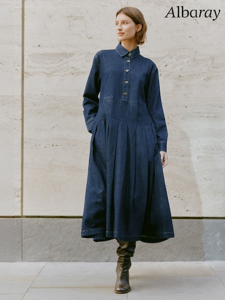 Albaray Denim Blue Pleated 100% Cotton Shirt Dress (F20989) | €140