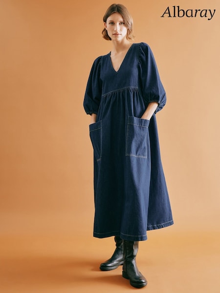 Albaray Blue Dark Denim V-Neck Midi 100% Cotton Dress (F20991) | €140