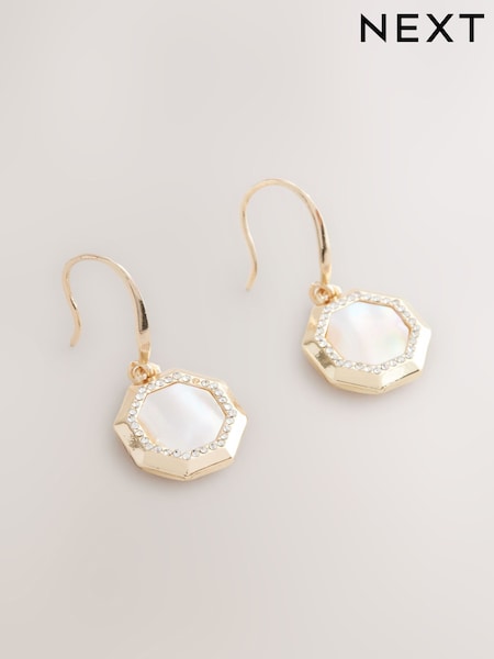 Gold Tone Mother Of Pearl Octagon Drop Earrings (F21020) | €14.50
