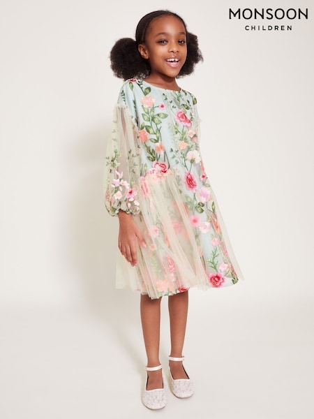 Monsoon Green Heather Long Sleeve Floral Print Embroidered Dress (F21111) | €91 - €105