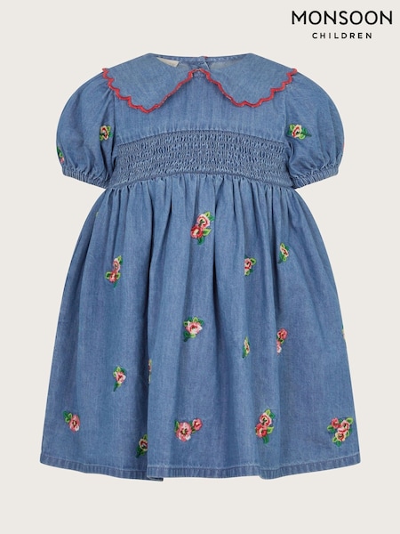 Monsoon Blue Baby Floral Print Embroidered Chambray 100% Cotton Dress (F21126) | R$ 315 - R$ 355