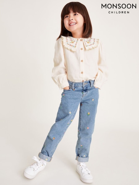 Monsoon Blue Floral Print Embroidered 100% Cotton Straight Jeans (F21131) | R$ 295 - R$ 335