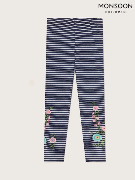 Monsoon Blue Floral Print Embroidered Stripe Leggings (F21134) | ₪80 - ₪101