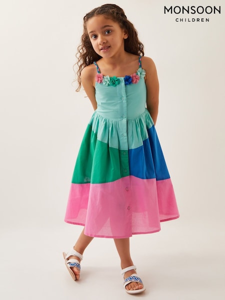 Monsoon Strappy 3D Flower Print Colourblock 100% Cotton Dress (F21143) | 41 € - 47 €