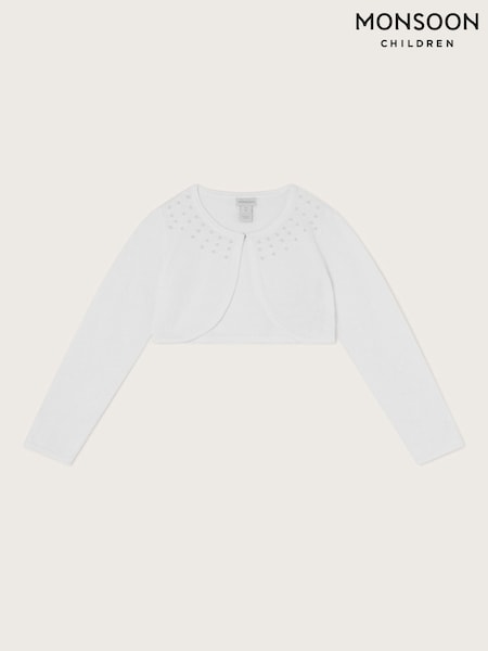 Monsoon White Niamh Pearl Embellished 100% Cotton Cardigan (F21155) | ₪126 - ₪146
