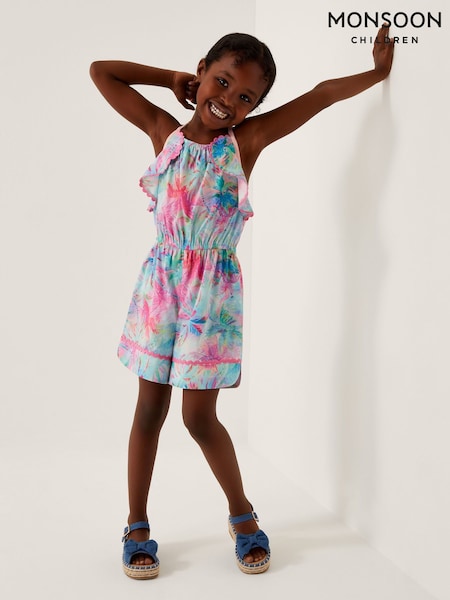 Monsoon Blue Frill Palm Print Halter Playsuit (F21156) | €26 - €32