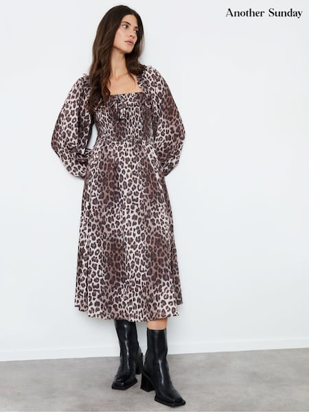 Another Sunday Brown Leopard Print Long Sleeve Midi Dress (F21179) | €27