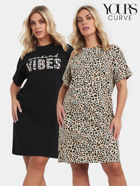 Yours Curve Bows Weekend Vibes 100% Cotton Sleep T-Shirts 2 Pack (F21202) | 41 €