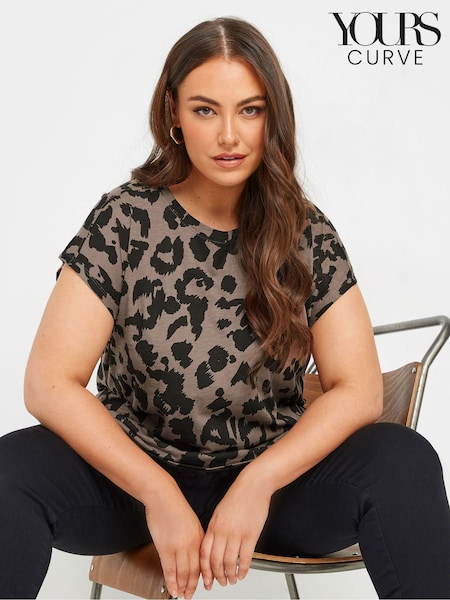 Yours Curve Brown Grown On Sleeve 100% Cotton Top (F21222) | ₪101
