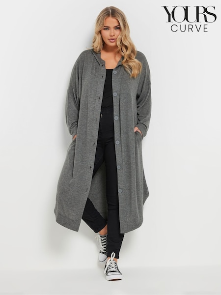 אפור בהיר - Yours Curve Button Hooded Maxi Jacket (F21225) | ‏196‏₪