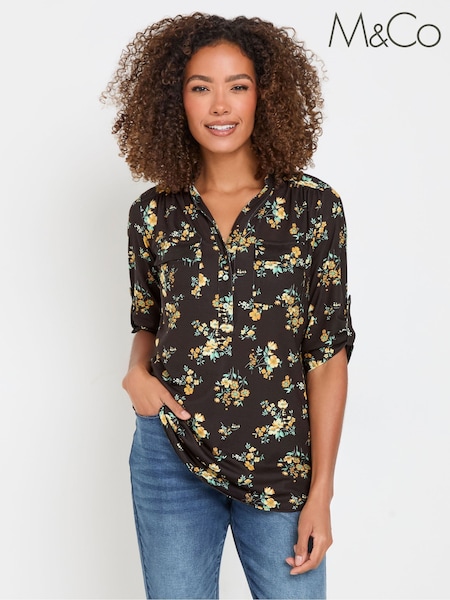 Negru - M&Co Half Placket Floral Blouse (F21227) | 223 LEI