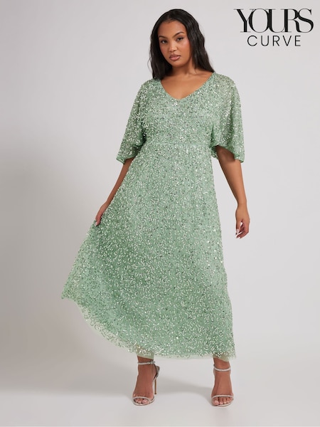 Yours Curve Green Luxe V-Neck Embellished Dress (F21233) | $245
