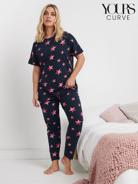 Yours Curve Blue Multi Stars Tapered 100% Cotton Pyjamas Set (F21248) | $41