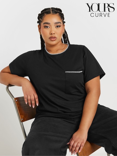 Yours Curve Black Whip Stitch Pocket 100% Cotton T-Shirt (F21302) | $33