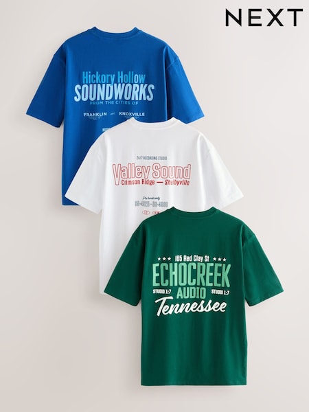 White/Blue/Green Relaxed Fit Graphic Print Heavyweight T-Shirt (F21328) | AZN 97