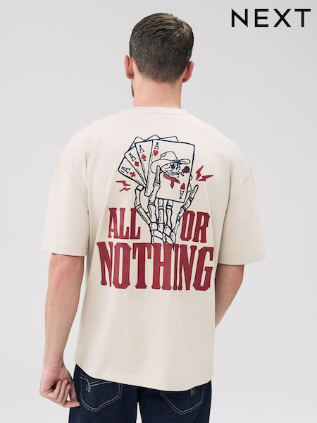 Ecru White Skull Relaxed Fit Graphic Print Heavy Weight T-Shirt (F21409) | €19