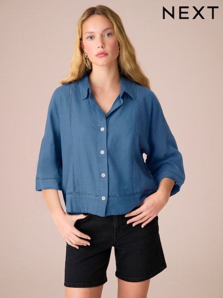 Colbalt Blue Linen Blend Short Sleeve Ladder Insert Shirt (F21447) | €45