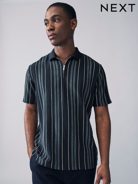 Navy Blue Vertical Stripe Quarter Zip Polo Shirt (F21453) | €34