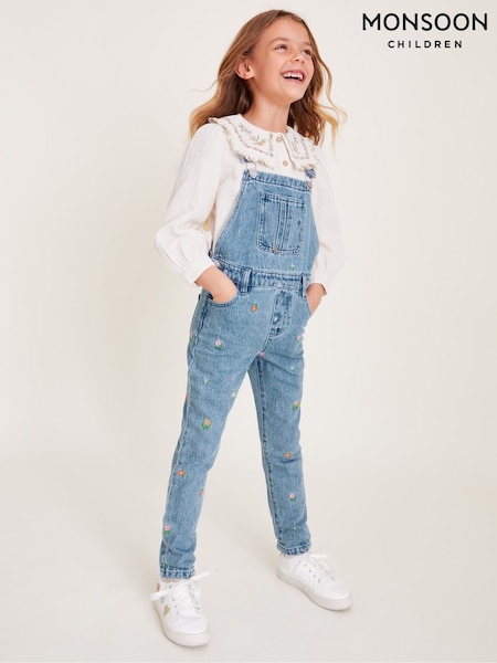 Monsoon Blue Floral Embroidered Denim 100% Cotton Dungarees (F21738) | ₪191 - ₪216