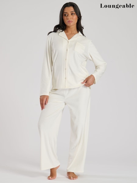 Loungeable Cream Supersoft Velour Long Sleeve Buttoned Pyjamas (F22062) | AED99