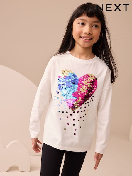 White Heart Print Long Sleeve Sequin Top (3-16yrs) (F22075) | AED56 - AED81
