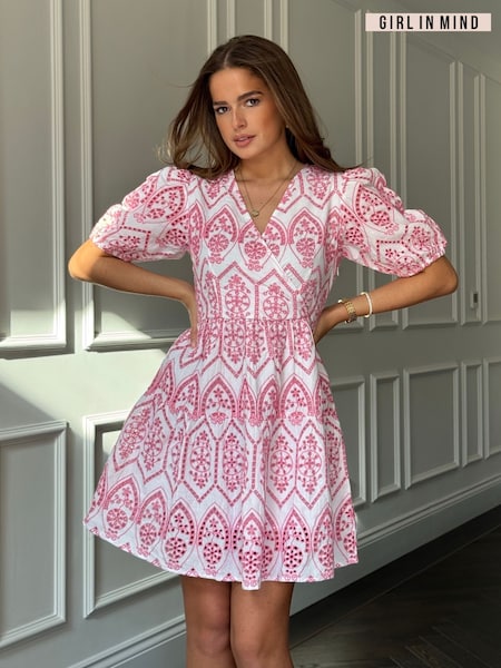 Girl In Mind Pink Daria Broidery Wrap Front 100% Cotton Mini Dress (F22140) | R$ 515