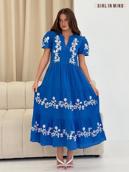 Girl In Mind Blue Arina Puff Sleeve V-Neck 100% Cotton Midi Dress (F22150) | €74