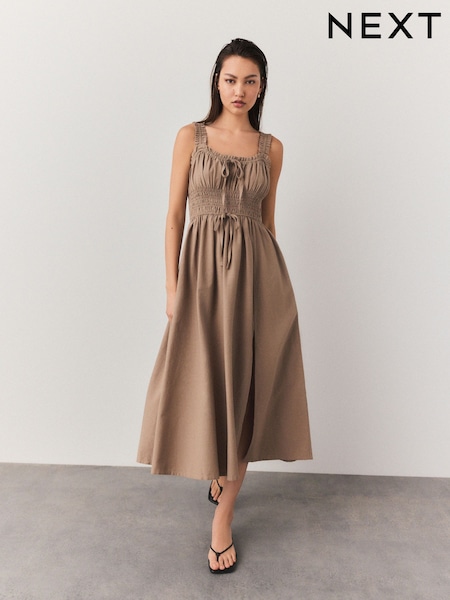 ניטרלי - Strappy Tie Front Midi Dress (F22181) | ‏133‏₪