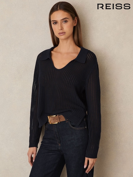 Reiss Navy Matilda Cotton Blend Open Collar Jumper (F22209) | €195