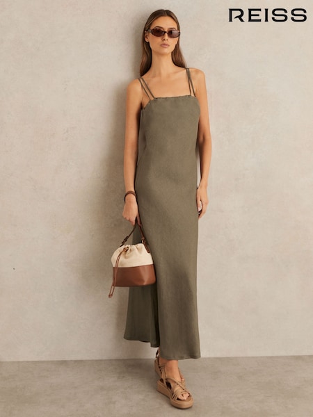 Хаки - Reiss Roxanne Linen Double-Strap Slip Dress (F22213) | €241
