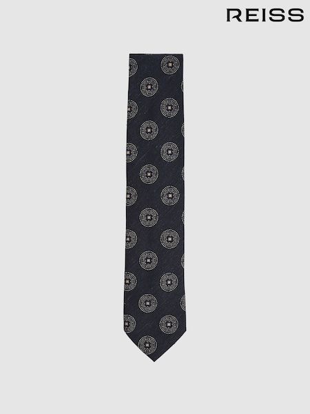 Reiss Navy Ginevra Silk Blend Tie with Medallion Pattern (F22229) | 426 QAR