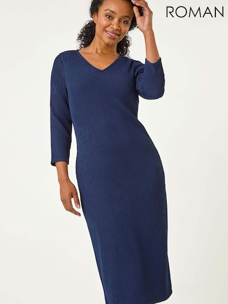 Roman Blue Petite Textured V-Neck Midi Dress (F22277) | €60