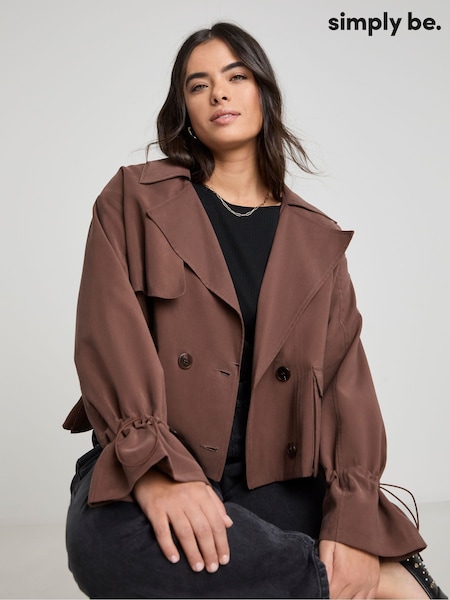 Simply Be Brown Draped Cropped Trench Coat (F22339) | ₪297