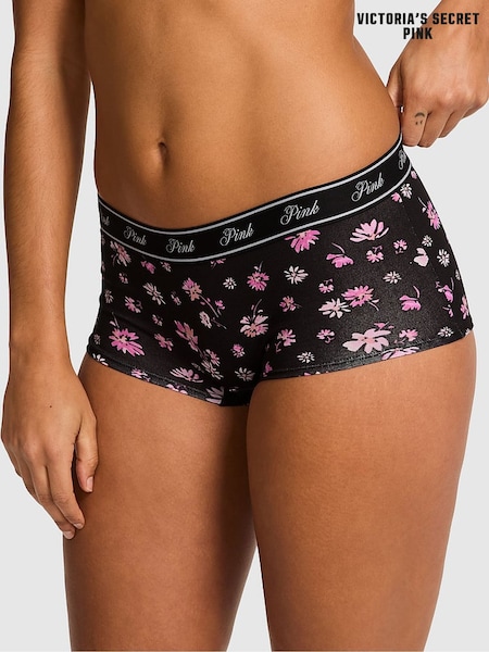 Victoria's Secret PINK Black Ditsy Floral Print Short Cotton Logo Knickers (F22523) | €10.50