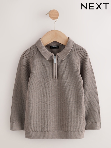 Mink Brown Long Sleeve Quarter Zip Knitted Polo Shirt (3mths-7yrs) (F22620) | R$ 135 - R$ 155
