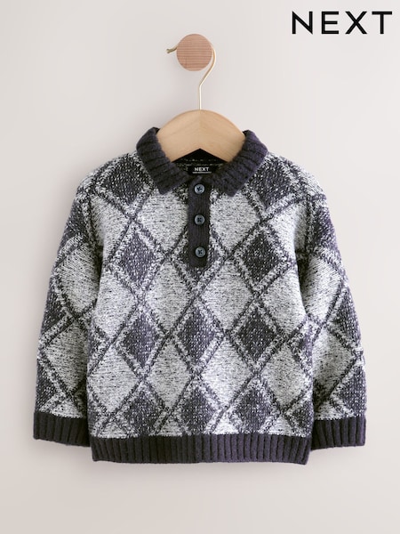 Navy Blue Argyle Knitted Polo Jumper (3mths-7yrs) (F22632) | €20 - €23